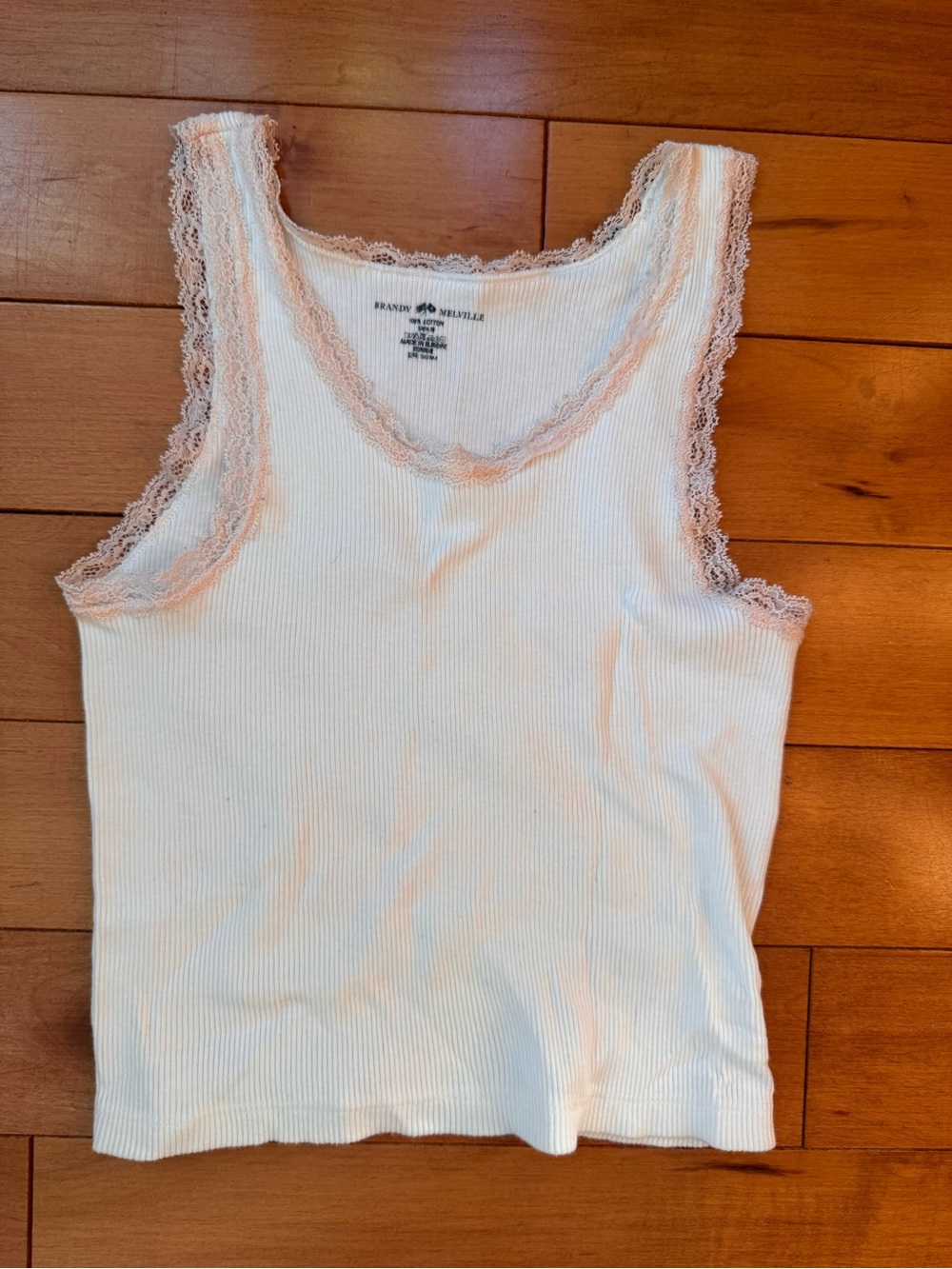 Brandy Melville Ivory Ribbed Tank with Blush Lace Trim